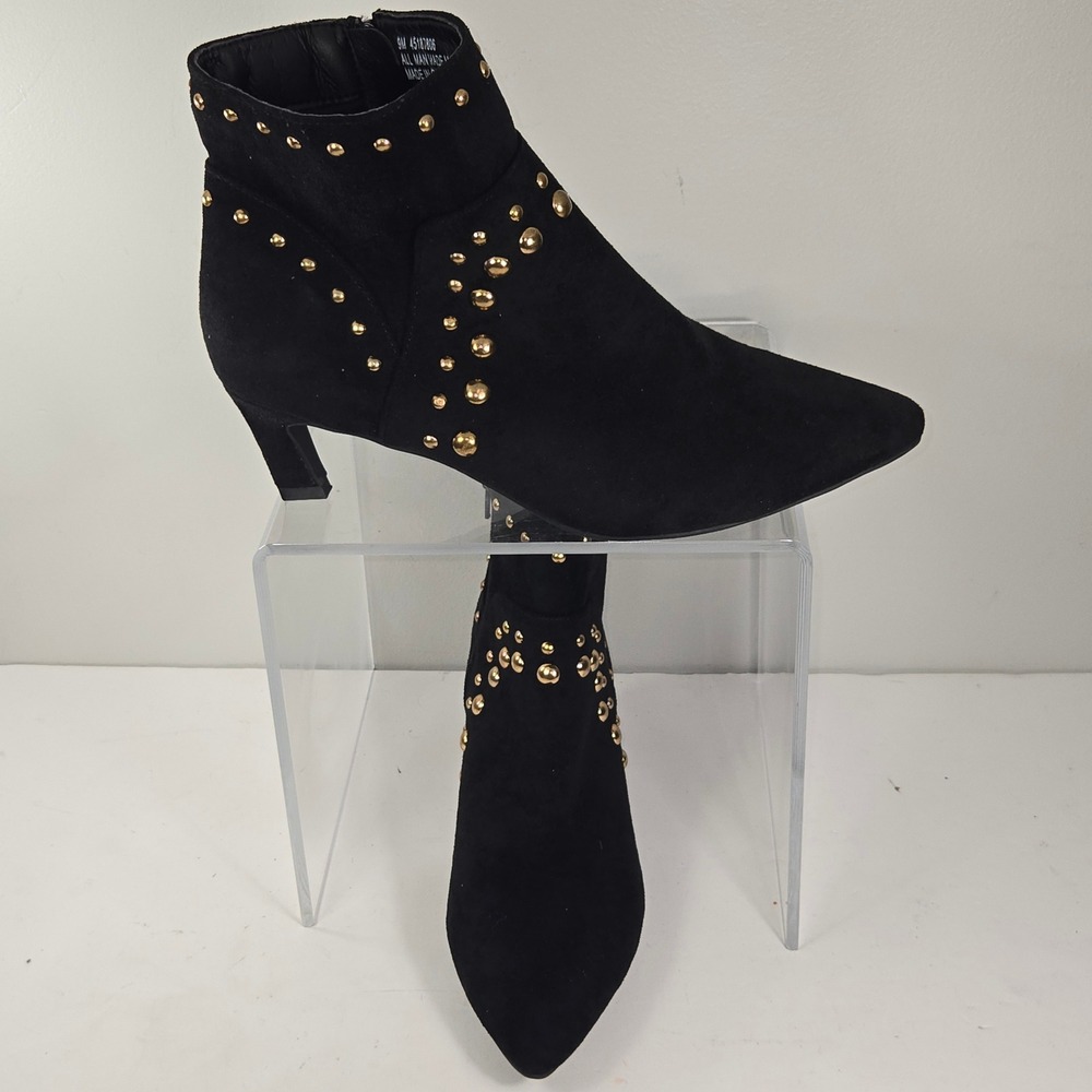 Comfort Est Black Faux Suede Gold Studded Pointed Toe Kitten Heel Ankle Boots 9M